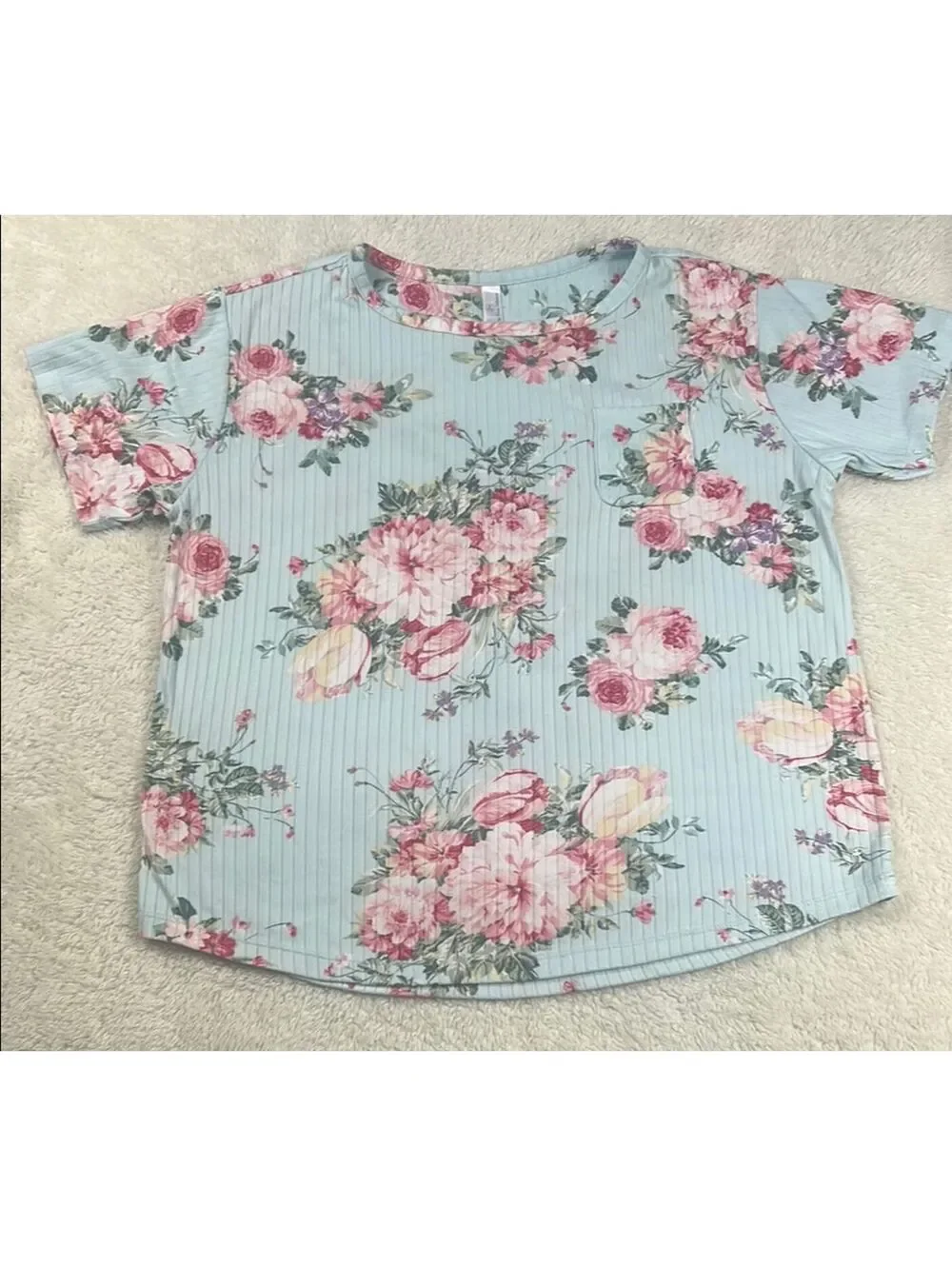Flora Nikrooz Blue Floral Ribbed 2 Piece Pajama Set SZ Med Soft Lounge Sleepwear